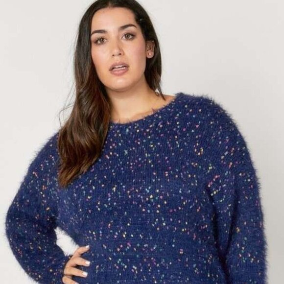 DAVI & DANI Plus Size Navy Blue Fuzzy Sweater with Multicolor Speckles - Picture 2 of 5